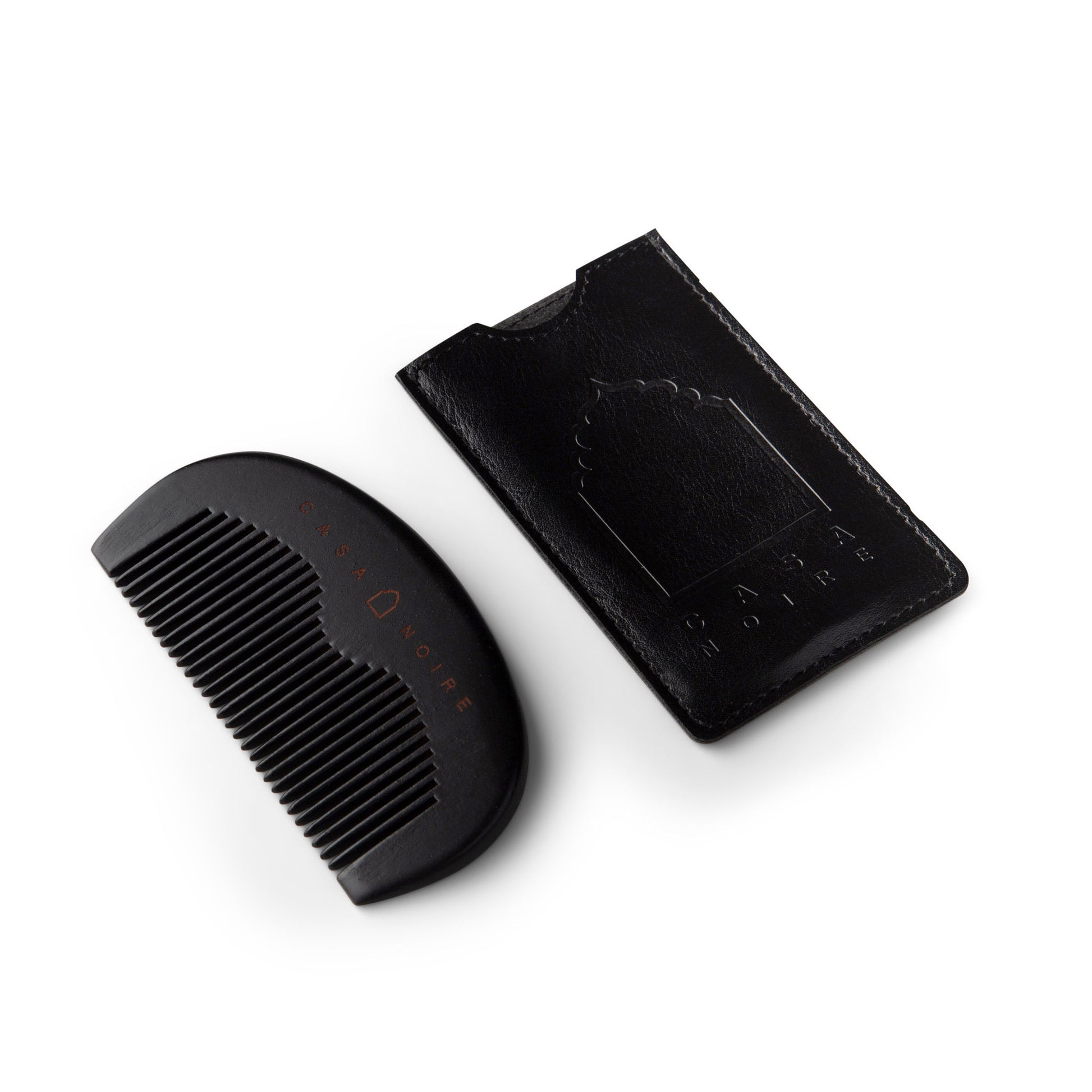 black wooden beard comb with a faux leather case